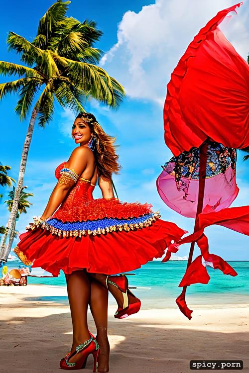 giant hanging tits, color portrait, beautiful smiling face, 39 yo beautiful white caribbean carnival dancer