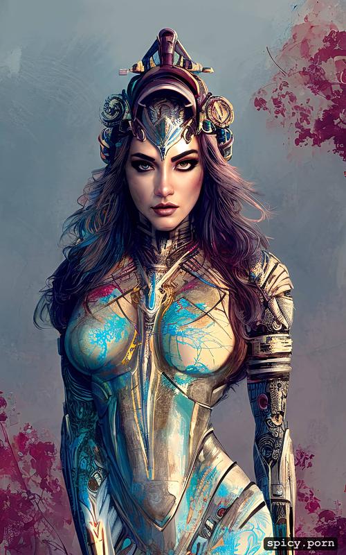 robot, vibrant, strong warrior princess, busty, carne griffiths