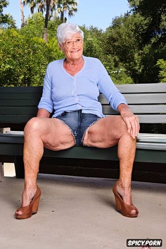 old skinny wrinkled granny in detailed short shorts cameltoe leg streched sit on bench outside in hot summer showin her detailed bulge exposed