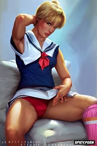 red ribbon, masculine, high socks, sailor school uniform, hairy