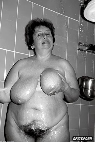 old elderly woman, hairy pussy, big round hanging tits, pours water on herself from a basin