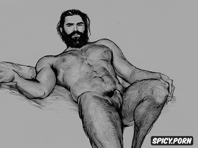 rough artistic nude sketch of bearded hairy man, 35 yo, dark hair