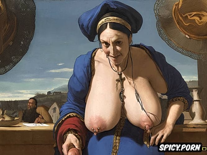 nun, standing, apostolic cap, looking at viewer, domina, big nipples
