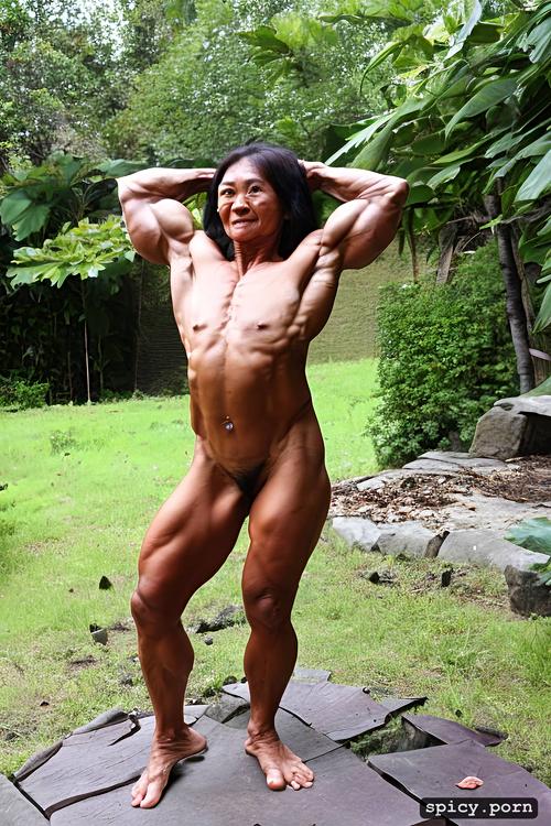 brown skin, thai granny midget, nude, skinny body, outdoor, muscular legs