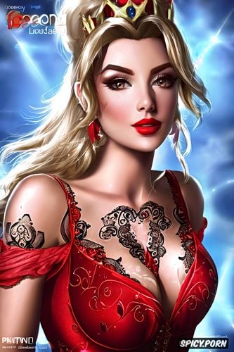 tattoos masterpiece, k shot on canon dslr, ultra detailed, mercy overwatch beautiful face full lips milf tight low cut red lace wedding gown tiara