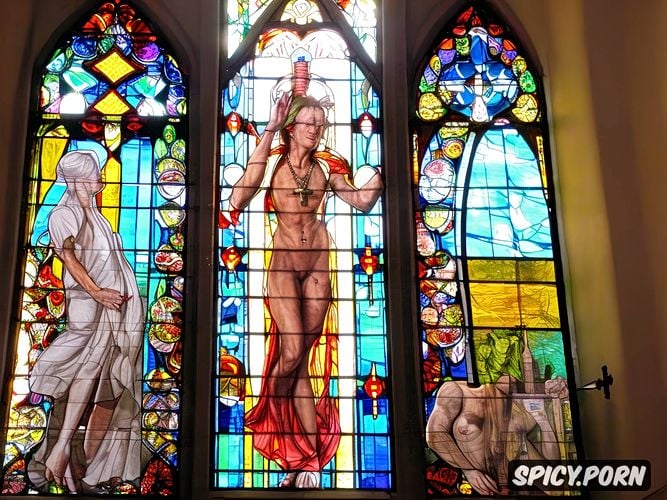 granny, holding one glass of beer, pierced nipples, stained glass windows