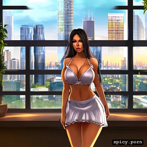 realistic, city skyline in back ground, columbian maid, standing on front of window