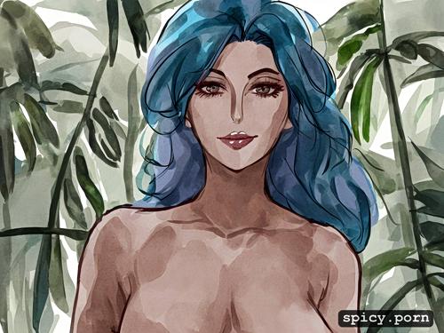 jungle, hot body, blue hair, beautiful face, college teacher