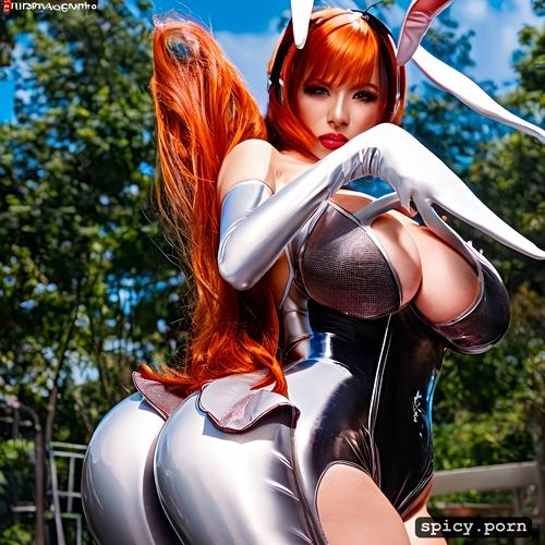 bunny ears, latex bunny suit, spanked, ginger, huge tits