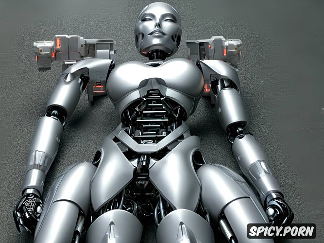 internal robotic parts visible in the abdomen, sexy blonde robot with fully metallic body and huge tits