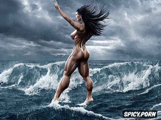 rain, spread legs, storm, very muscular, superdetailled very tall witch nude naked