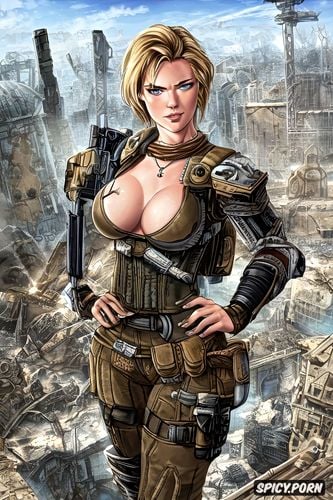 blue eyes, gears of war, messy hair, cog necklace, busty, ultra realistic