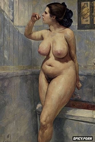 textured impasto oil paint, beautiful female face, women in humid bathroom with fingertip nipple touching breasts tiled bathing