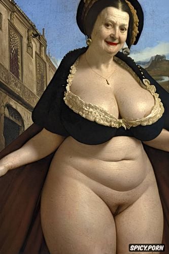venous tits, the very old fat grandmother has nude pussy under her skirt