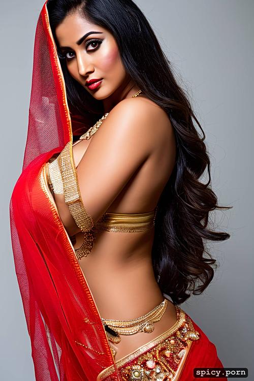 indian bride, gorgeous face, wide curvy hip, chubby body, see through saree