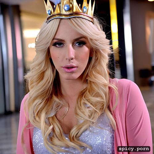 blonde hair, scandinavian, at the mall, 8k, huge breasts, photorealistic princess peach cosplay
