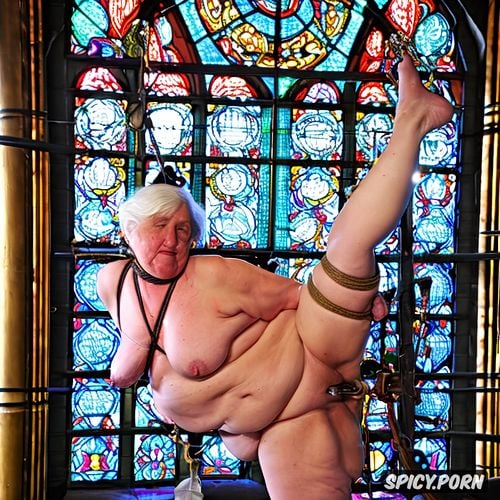 church, old granny nude, gold crucifix in pussy, stained glass windows