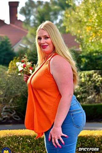 cellulite covered slabs that wobble with every step, her stance firm on white sneakers with a crowd of people blurred in the background on a colorful brick path