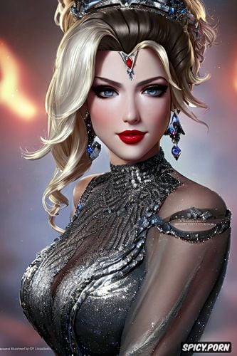 ultra detailed, ultra realistic, mercy overwatch beautiful face milf flowing low cut black ballgown silver and crystal tiara pouty portrait