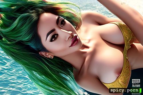 diving, athletic body, green hair, stunning face, blouse, pixie hair