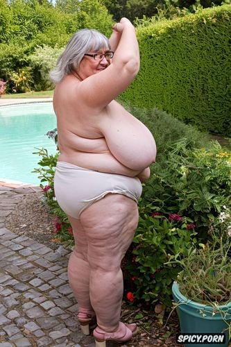 topless, wearing white wet coton tight shorts, side view, an old fat woman naked with obese ssbbw belly
