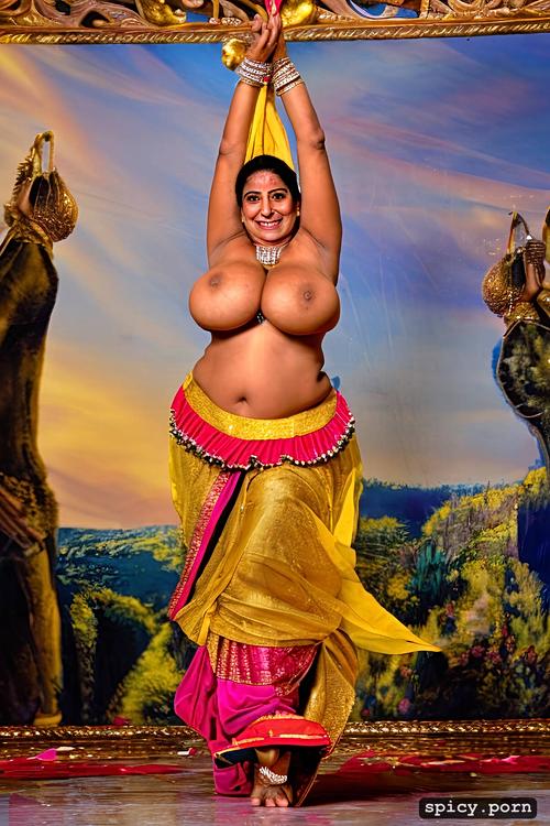 color photo, giant hanging boobs, performing on stage, intricate beautiful dancing costume with bikini top