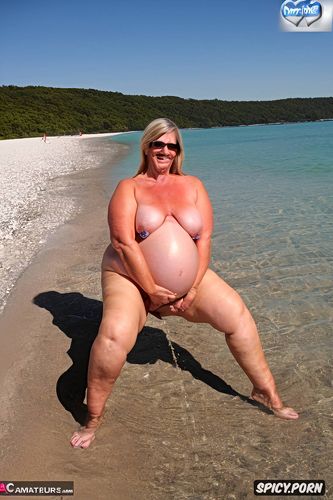 ssbbw, blonde gilf, sunglasses, beach, fat thighs, nude pregnant pissing