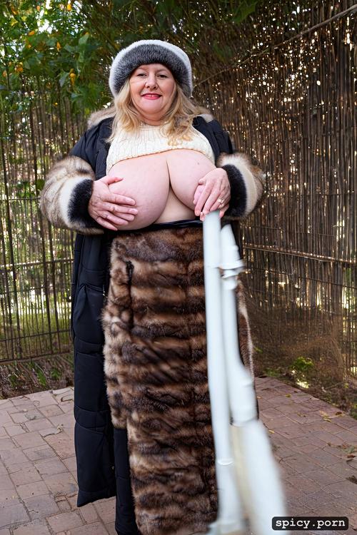 full body shot, in public, large clitoris, amateur, holding gigantic dildo in her hands