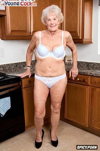 smiling, heavy wrinkles, big tits, old kitchen, wrinkled tits