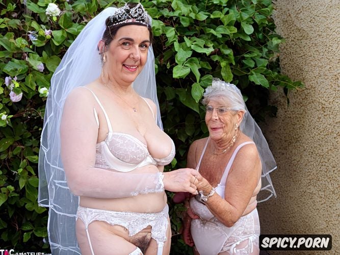 half naked, hairy groin, hairy pussy, hidlace, happy grandmom and teen bride