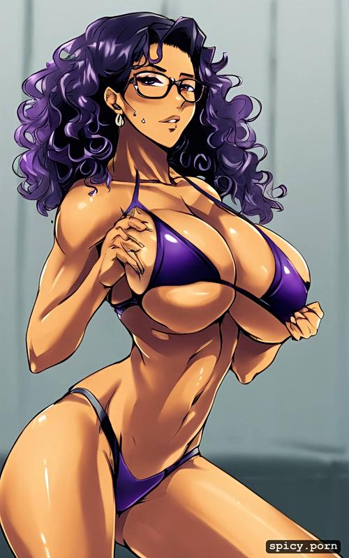 sexy ebony milf, purple curly hair, realistic, glasses, athletic body