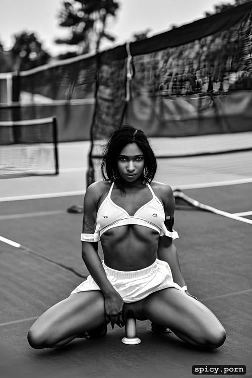 sports bra, 18, white tennis skirt, petite body, exotic, 50mm