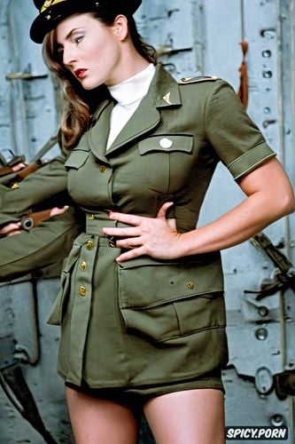 female nazi officer, fat thighs, hand gun, trenchcoat, low angle shot