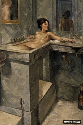 steam, cézanne oil painting, women in humid bathroom, fingering