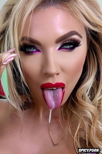 eye contact, tongue, slut makeup, glossy lips, thick overlined lip liner