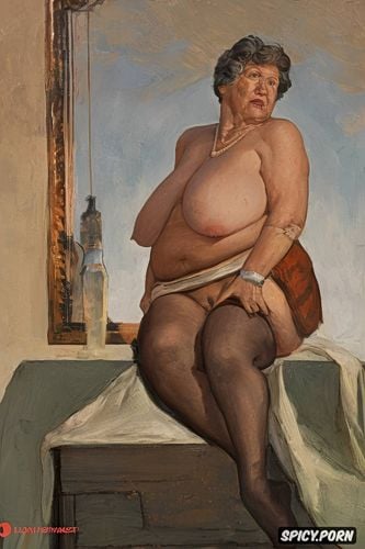 the fat grandmother has nude pussy under her skirt