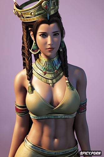 abs, masterpiece, ultra realistic, aerith gainsborough final fantasy vii remake female pharaoh ancient egypt pharoah crown royal robes beautiful face portrait muscles