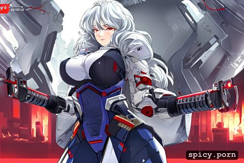 korean female, white curly hair, wearing a battle suit, big tits
