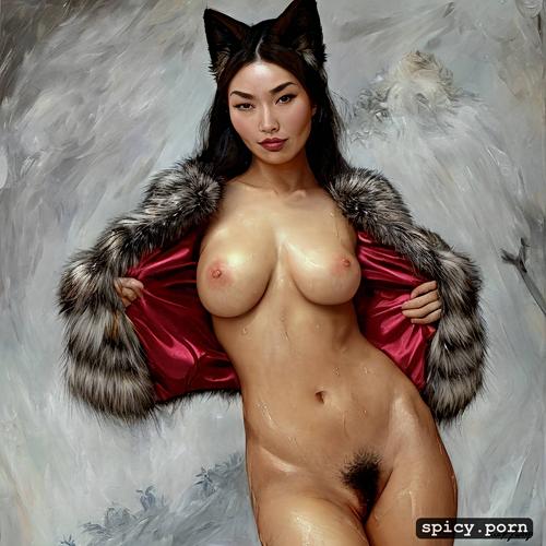 small boobs, sweaty, chinese woman, art by da zhong zhang, wearing a fox fur coat