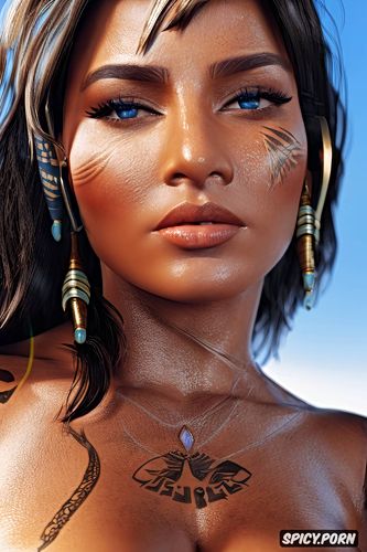 topless, tattoos, high resolution, ultra realistic, pharah overwatch beautiful face full body shot