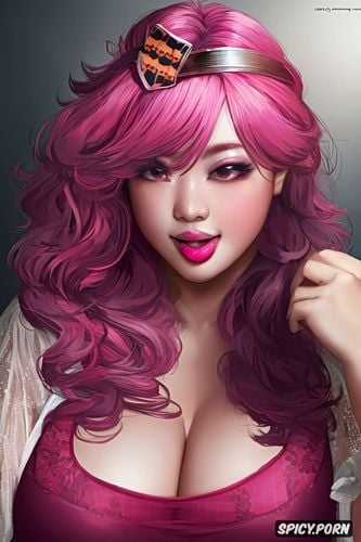 chubby body, ahegao face, pink hair, halloween, selfie, woman