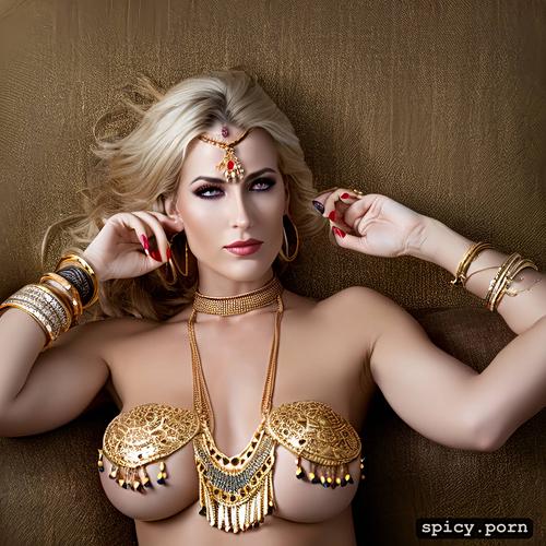 naked, blonde hair, indian gold necklace big necklace, ear rings