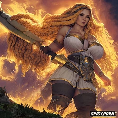 braided golden hair large boobs, solo, fire, hammer, sweaty