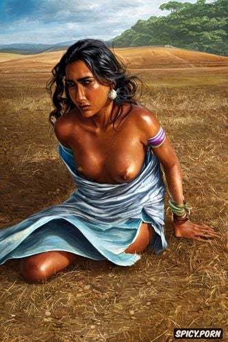 focus on her pussy, all natural, the obedient young indian female farm laborer resentfully strips her clothes down to nothing revealing her vagina