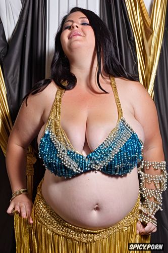 gigantic natural boobs, colored beads and pearls, long dark wavy hair