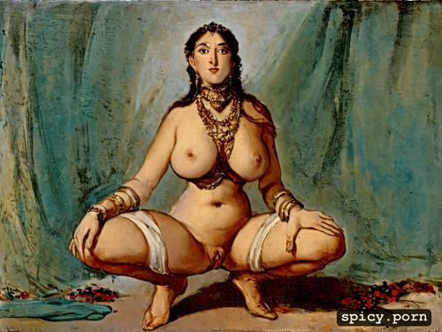 a depraved minoan queen with a lustful face, squatting and spreading legs