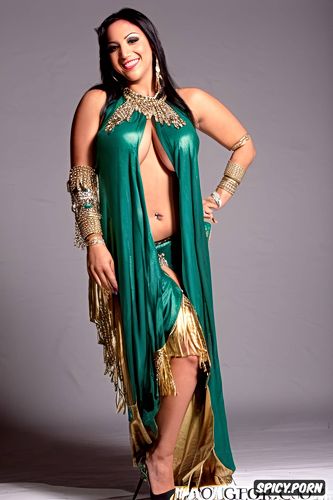 smiling, traditional two piece belly dance costume, huge natural boobs