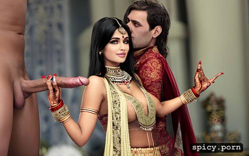 sexy indian bride with long dark hair, and bangs standing in heaven where bride do blowjob to the daemon having 5 head