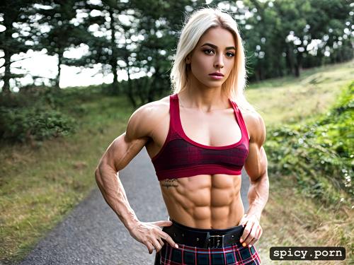 super muscular, oiled body, extremely muscular chest, female fitness model
