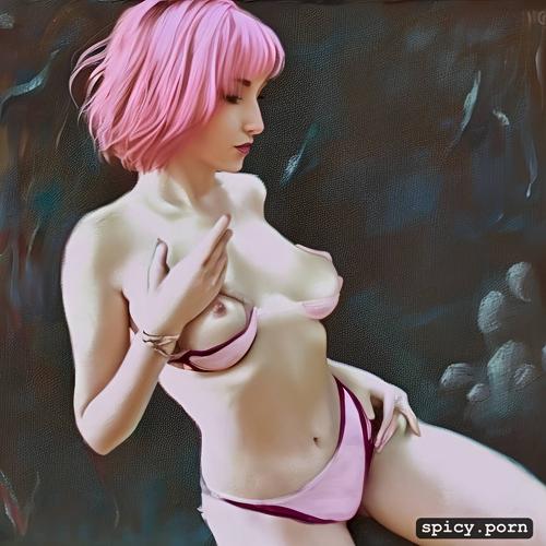 pink hair, jurassic world, pixie hair, 18 years old, medium boobs